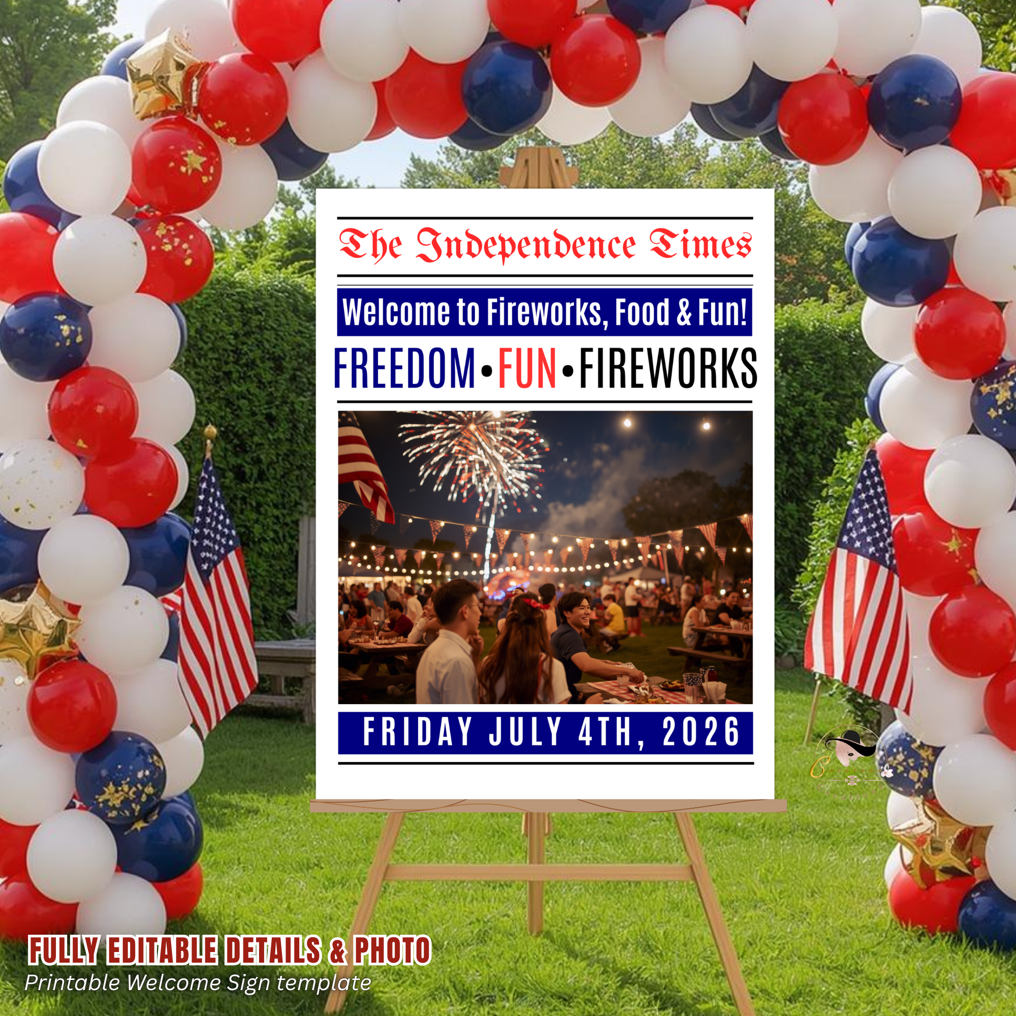 4th of July Welcome Sign with Photo, Newspaper Style Patriotic Party Sign, July 4th Poster Sign, Independence Day Sign, Printable Template
