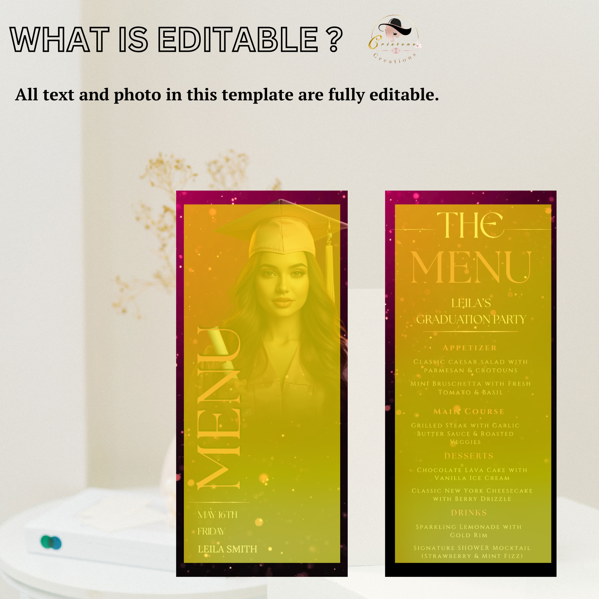 Pink Graduation Dinner Menu Template with Photo, Senior Grad Brunch Menu Card, Class of 2026 Party Menu for Her, Canva Printable