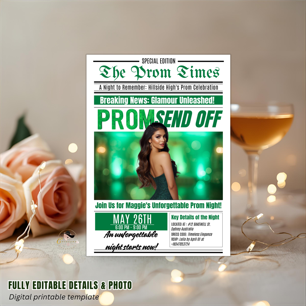 Green Newspaper Prom Send Off Invitation, Prom Queen with photo invite, Teen Boy Prom Night Party Flyer Card, Digital Printable Template
