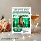 Green Newspaper Prom Send Off Invitation, Prom Queen with photo invite, Teen Boy Prom Night Party Flyer Card, Digital Printable Template