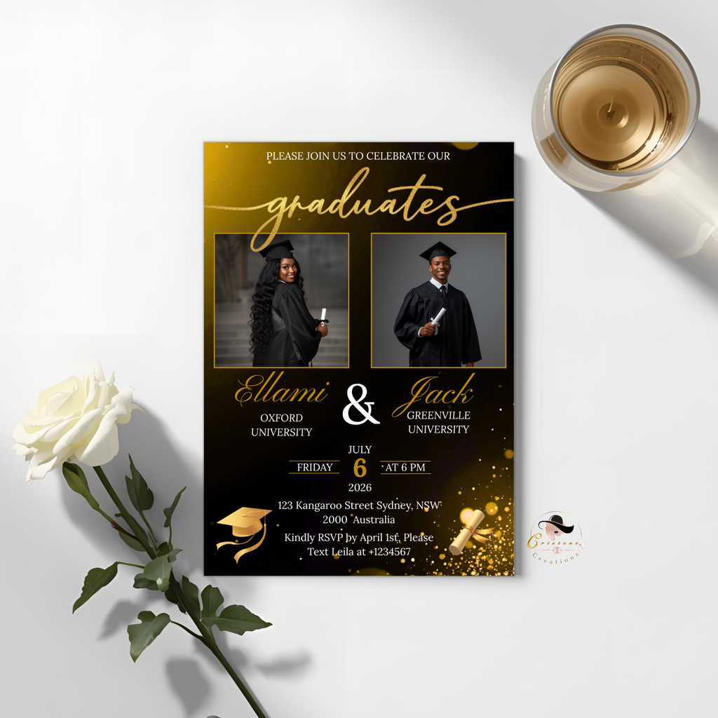 Twin Graduation Invitation with Photo, Double Senior Grad Party Invite For Him and Her Class of 2026 Graduates Black Gold Printable Template