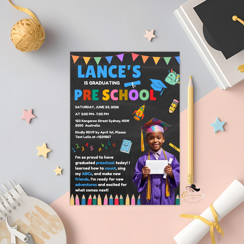 Pre K Graduation Invitation with Photo, Kindergarten Graduation Invite, Class of 2026 Preschool Grad Party Editable Canva Printable Template