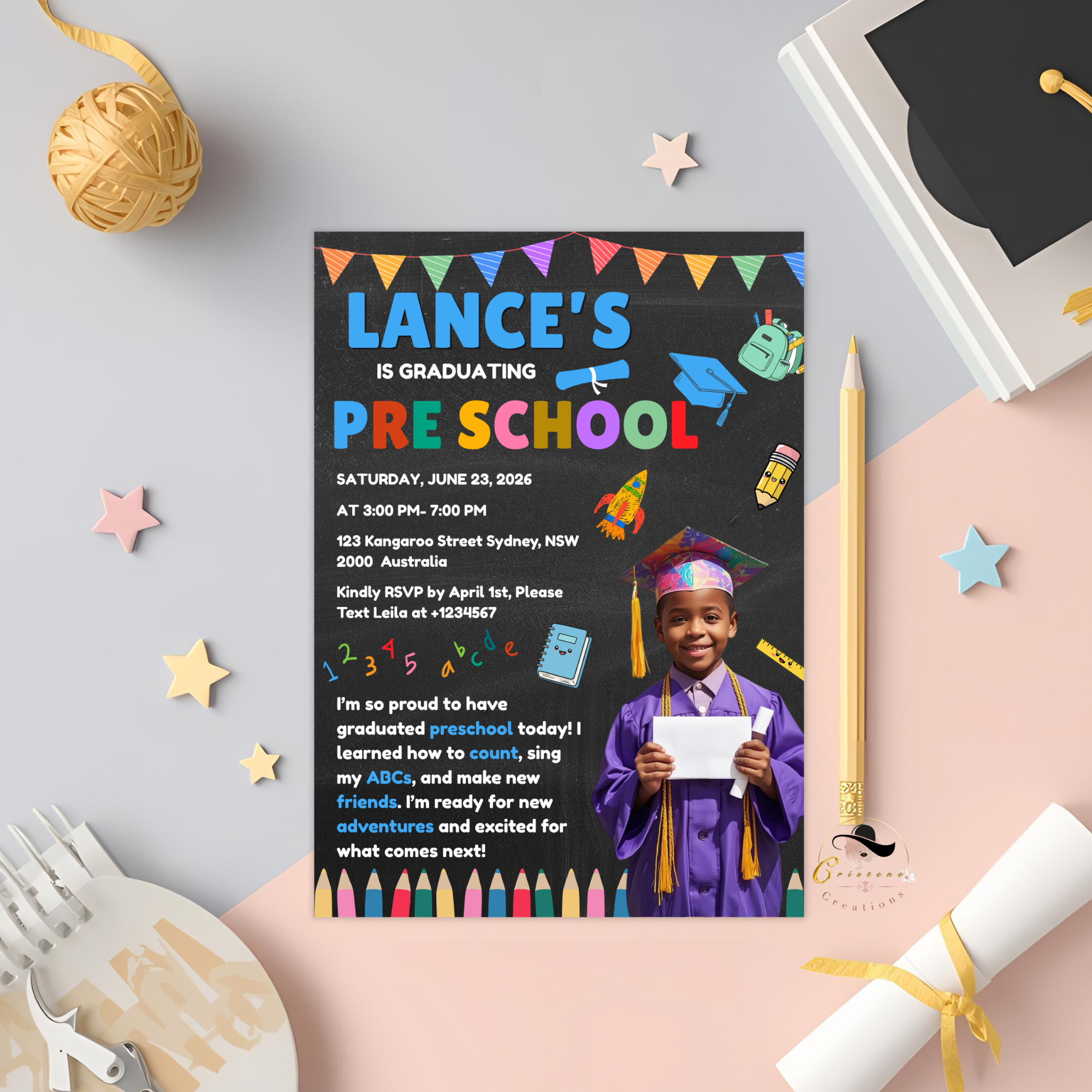 Pre K Graduation Invitation with Photo, Kindergarten Graduation Invite, Class of 2026 Preschool Grad Party Editable Canva Printable Template