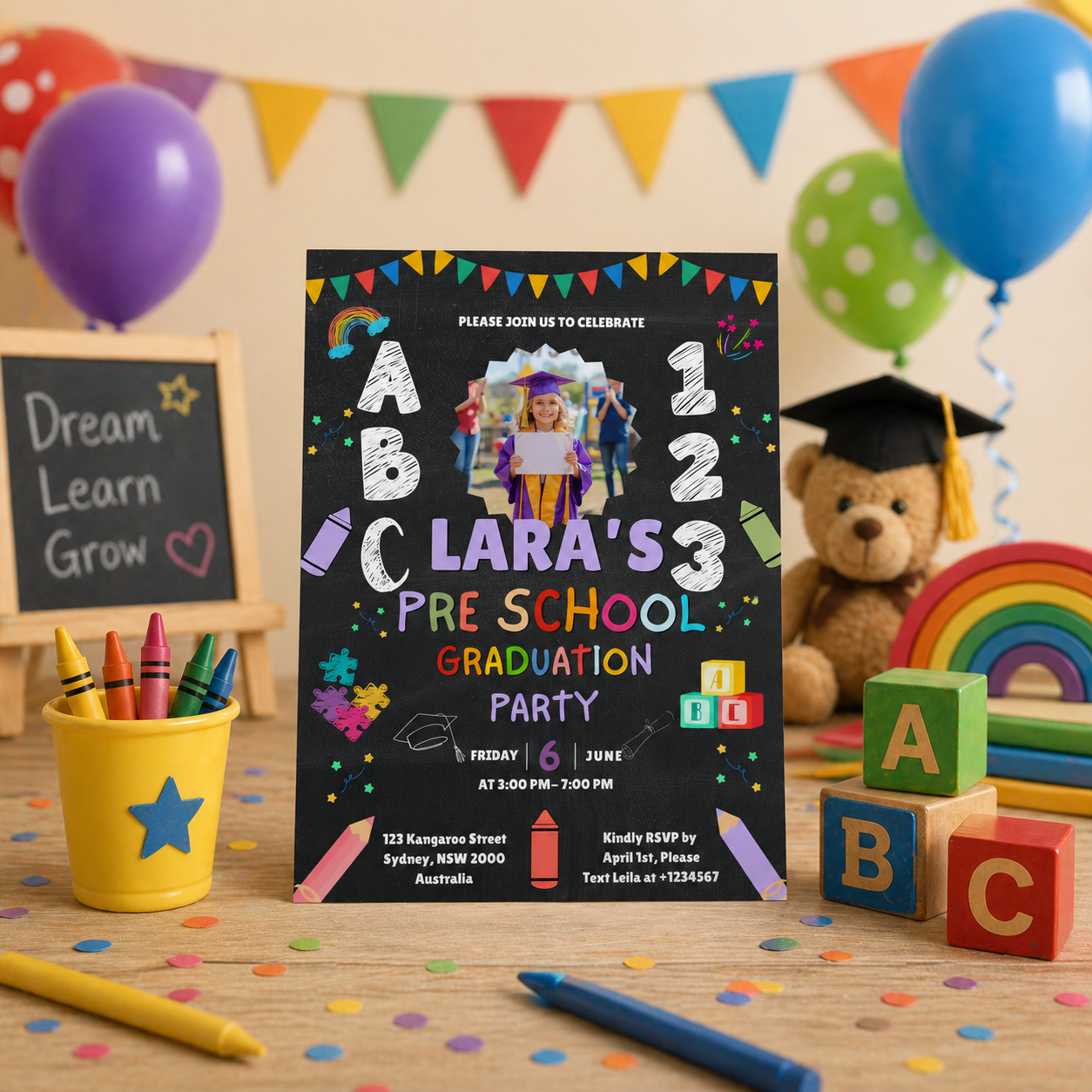Kindergarten Graduation Invitation with Photo, Pre K Grad Invite, Class of 2026 Kids Graduation Party, Preschool Editable Canva Template