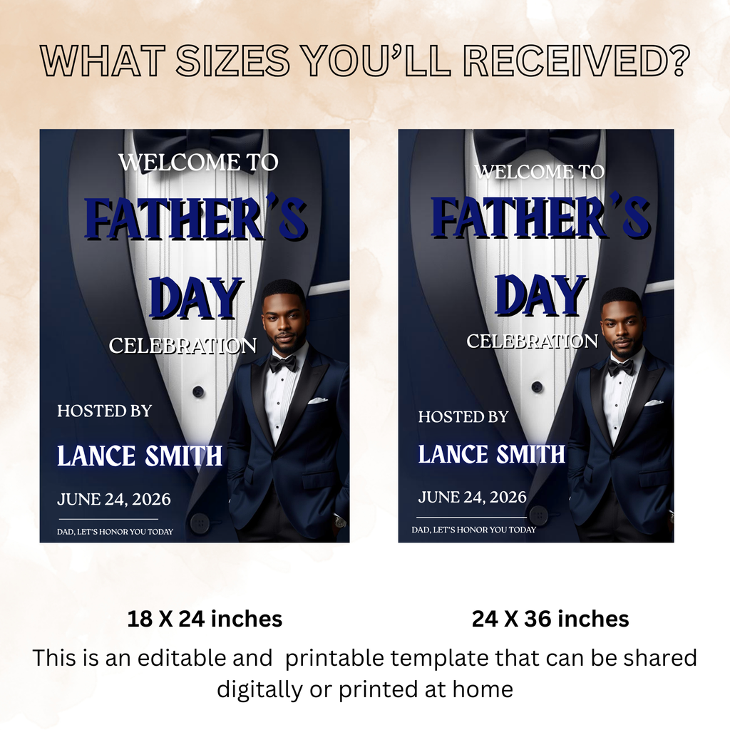 Blue Fathers Day Welcome Sign with Photo, Elegant Tuxedo Gentleman Party Sign, Birthday Retirement Sign For Him, Printable Editable Template