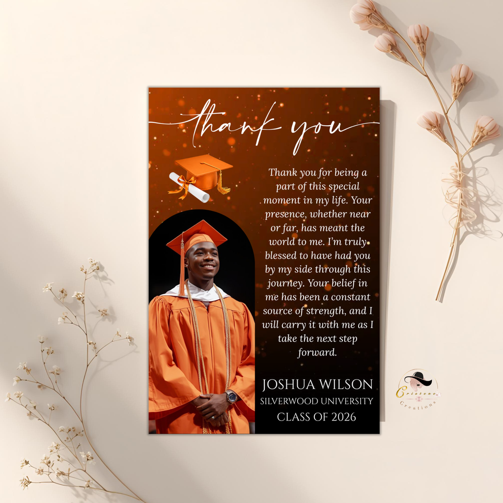 Class of 2026 Graduation Thank You Card with Photo, Orange Grad Party Thank You Note for Him and Her, High School College Printable Template