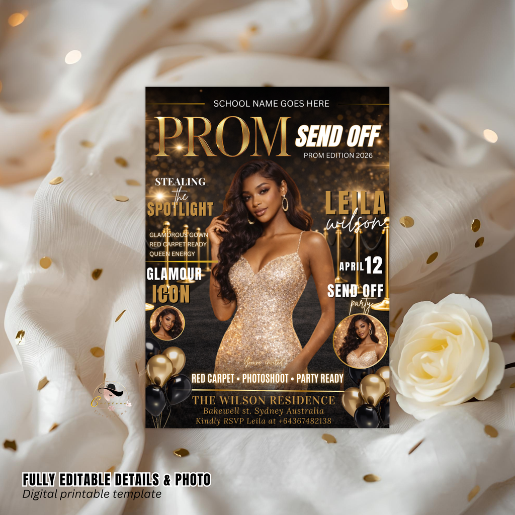 Black Gold Prom Send Off Invitation, Prom Queen with photo invite, Girls Prom Night Party Flyer, Magazine Cover, Digital Printable Template