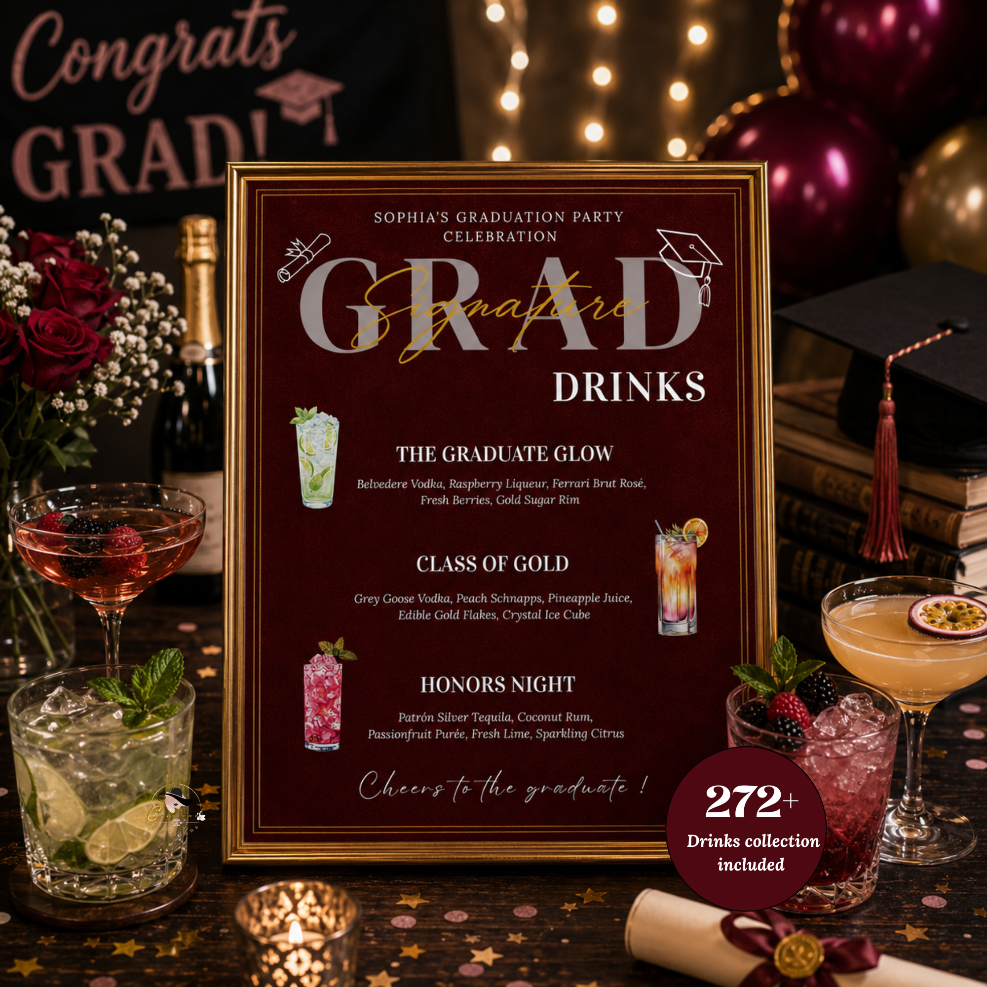 Graduation Signature Drinks Menu, Senior Grad Drink Sign Template for High School College Soda Bar Menu, Dark Red Printable Template