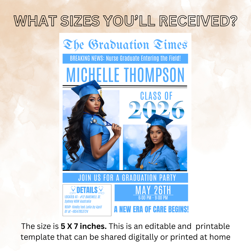 Newspaper Nurse Graduation Invitation, 2026 RN Pinning Ceremony with photo invite, LPN Nursing Graduates, Light blue BSN Flyer Template