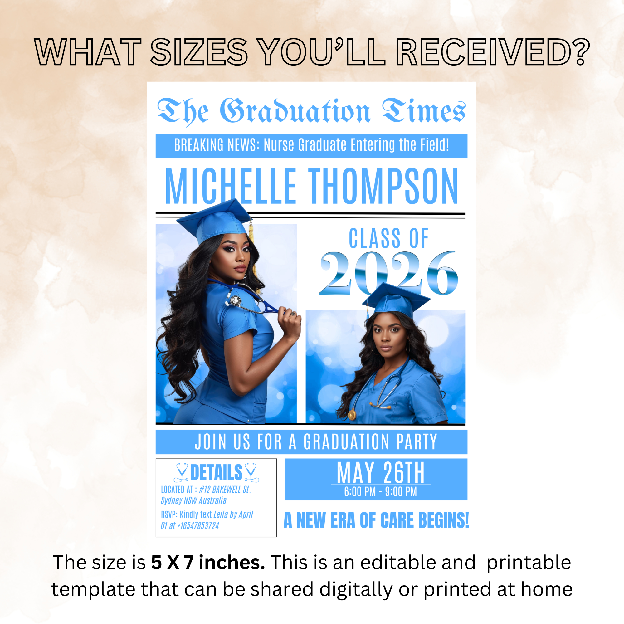 Newspaper Nurse Graduation Invitation, 2026 RN Pinning Ceremony with photo invite, LPN Nursing Graduates, Light blue BSN Flyer Template