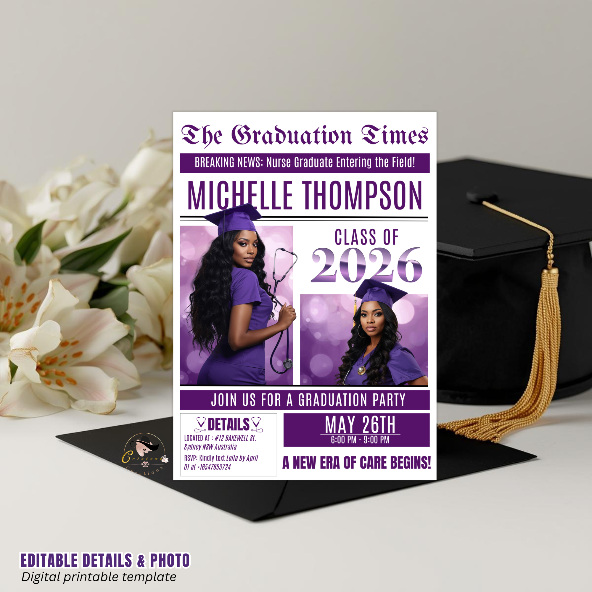 Newspaper Nurse Graduation Announcement Invitation, RN Pinning Ceremony with photo invite, LPN Nursing Graduates, BSN Purple Flyer Template