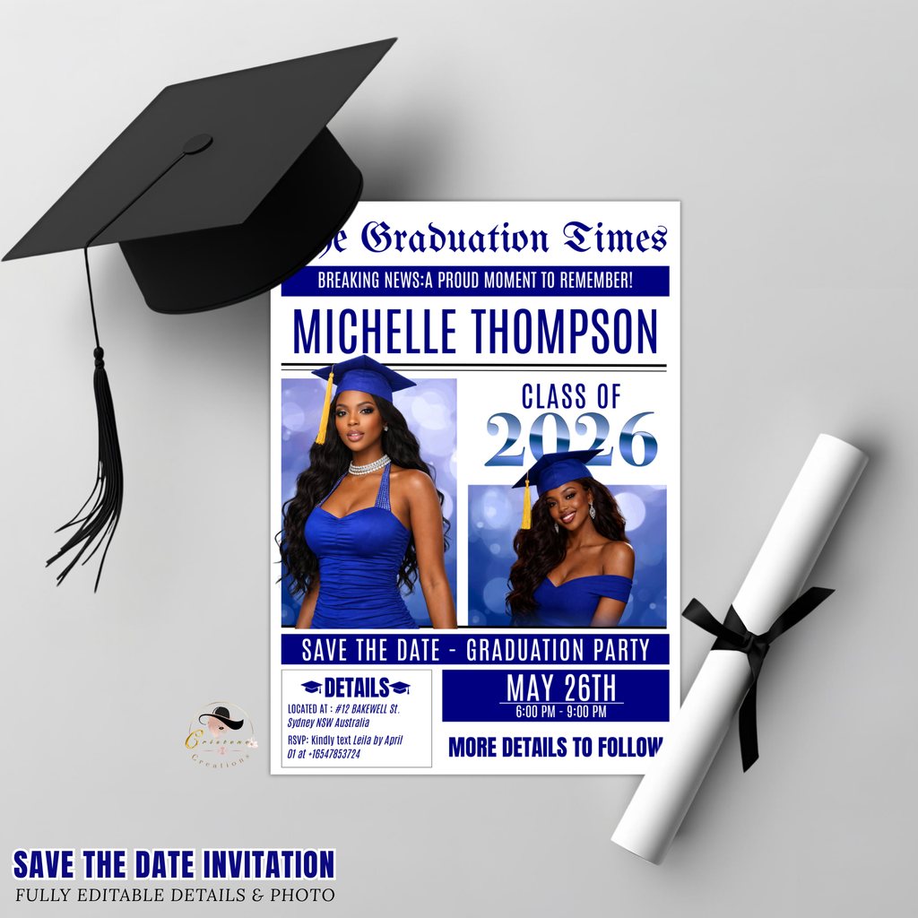 Blue Newspaper Graduation Save the Date Invitation with Photo, Senior Grad Party Invite, Class 2026 Boy Girl, Digital Printable Template