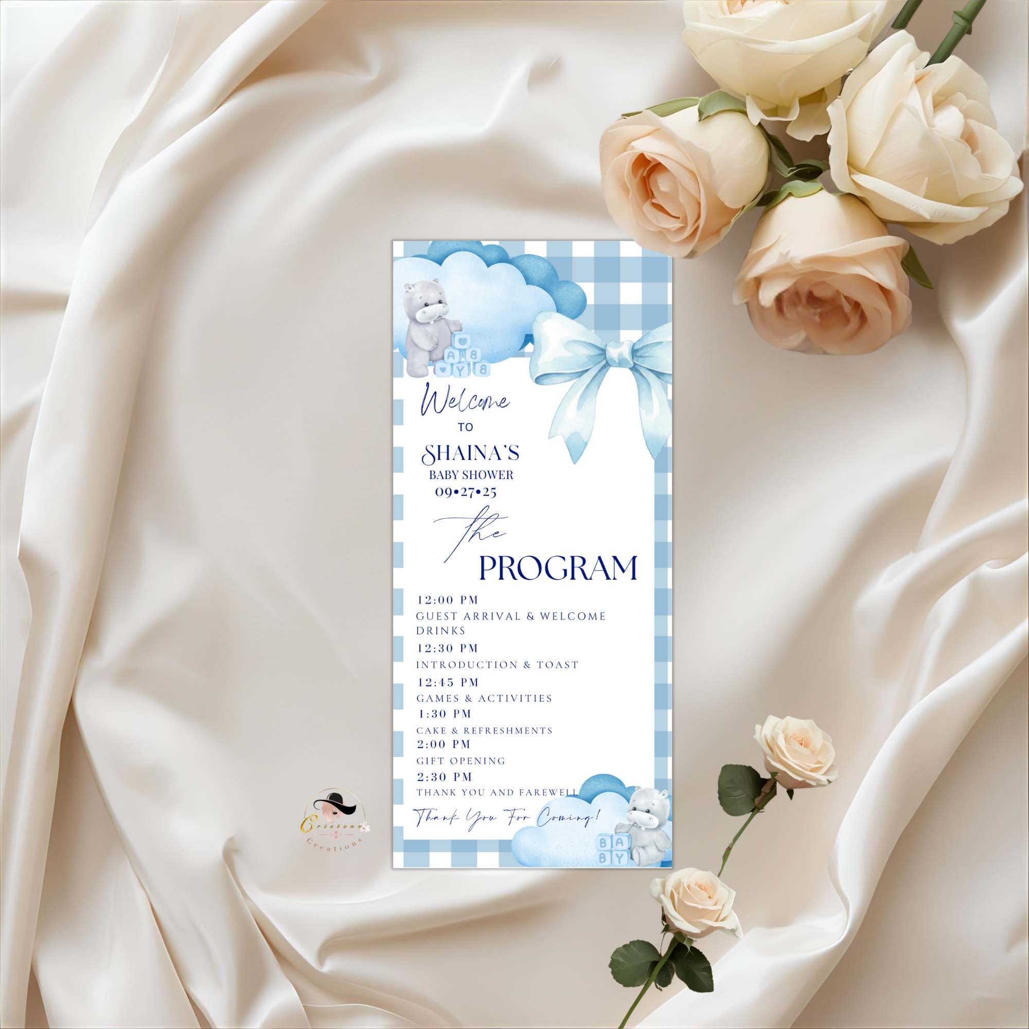 Blue Baby Shower Menu and Program Template, Baby Boy Shower Itinerary Card, Cloud 9 Bear Safari Party theme Editable Canva Digital Printable