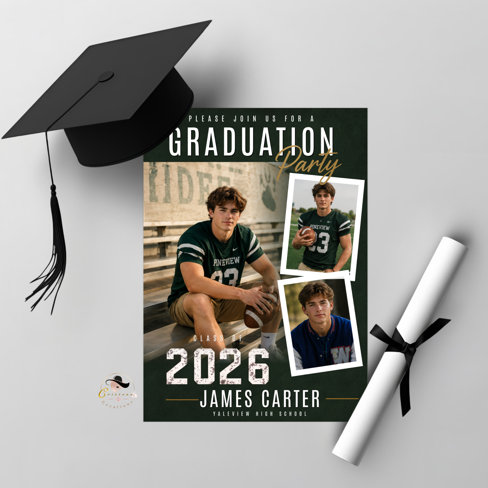 Green Graduation Invitation with Photo for Him, Class of 2026 High School College Grad Party Invite, Senior Grad Invite, Printable Template