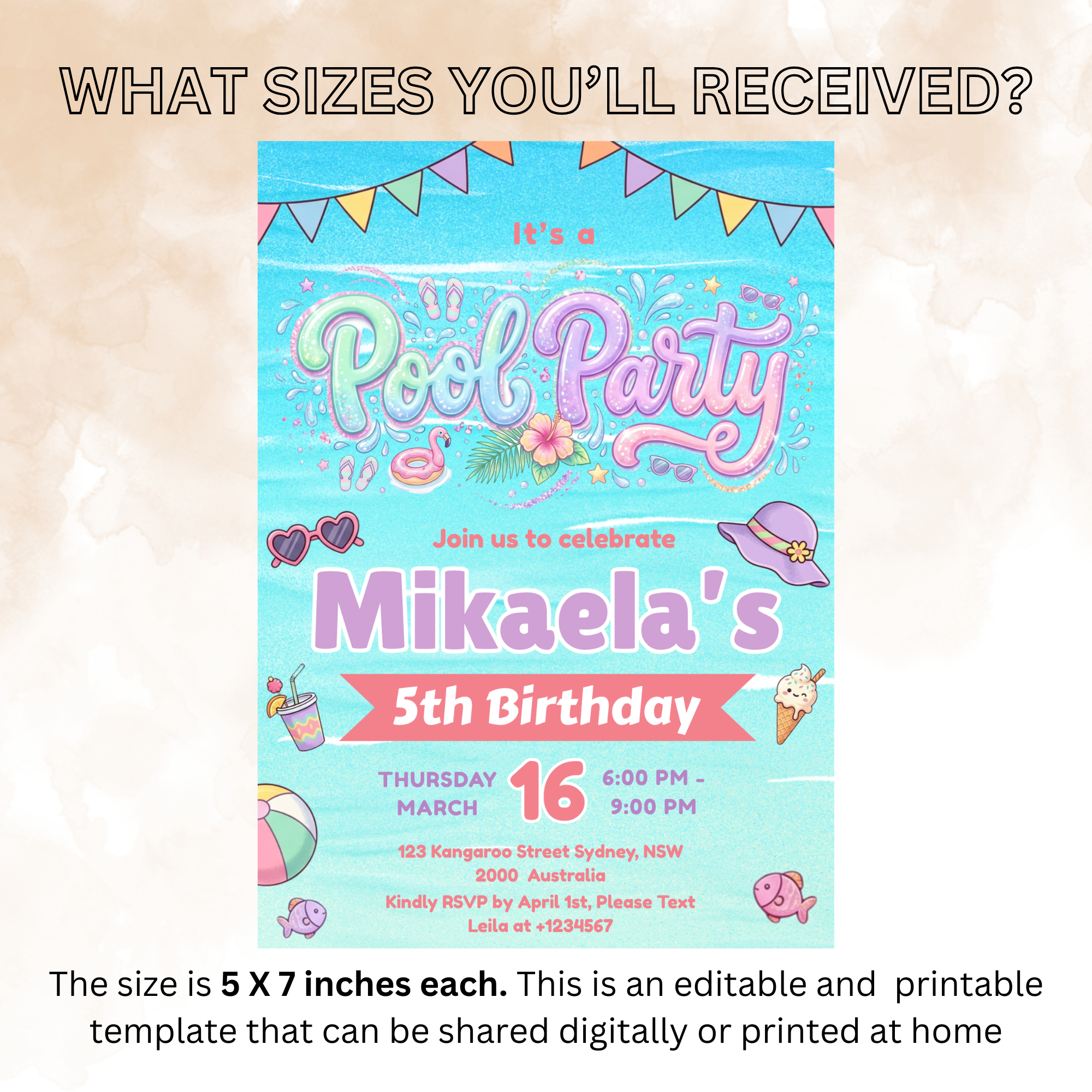 Pool Party Birthday Invitation for Girl, Kids Summer Beach Party Invite, Aloha Luau Invite, Printable Digital Editable Canva Template