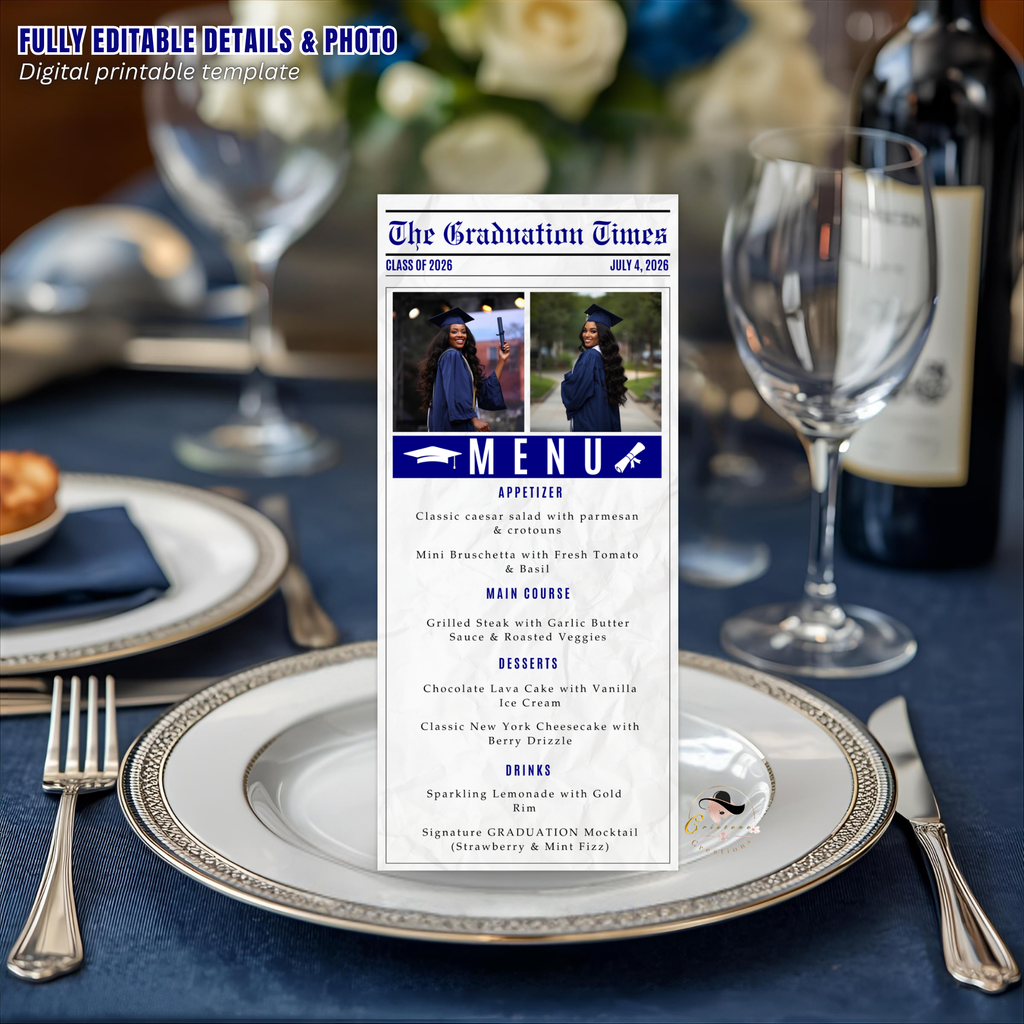 Blue Graduation Newspaper Menu Template, Senior Grad Party Menu Class of 2026 Dinner Menu Printable for Him and Her, Editable Printable Card