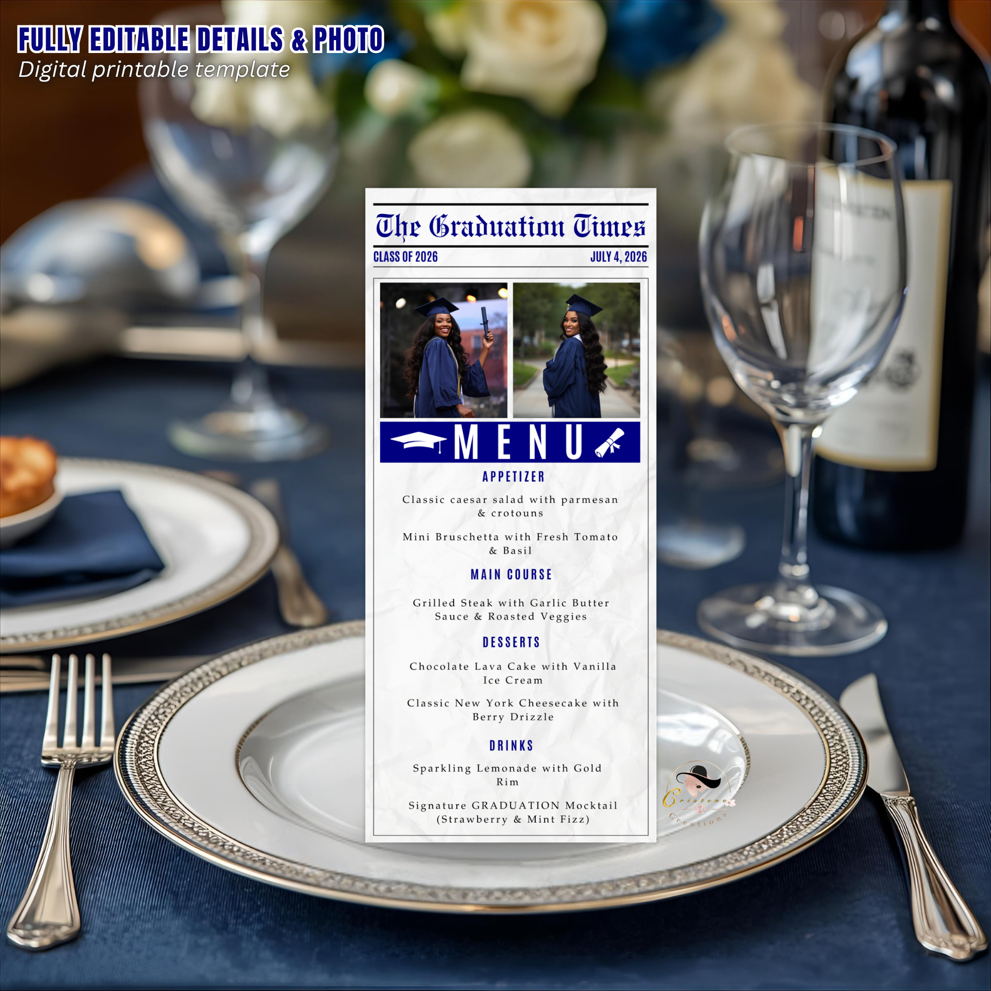 Blue Graduation Newspaper Menu Template, Senior Grad Party Menu Class of 2026 Dinner Menu Printable for Him and Her, Editable Printable Card