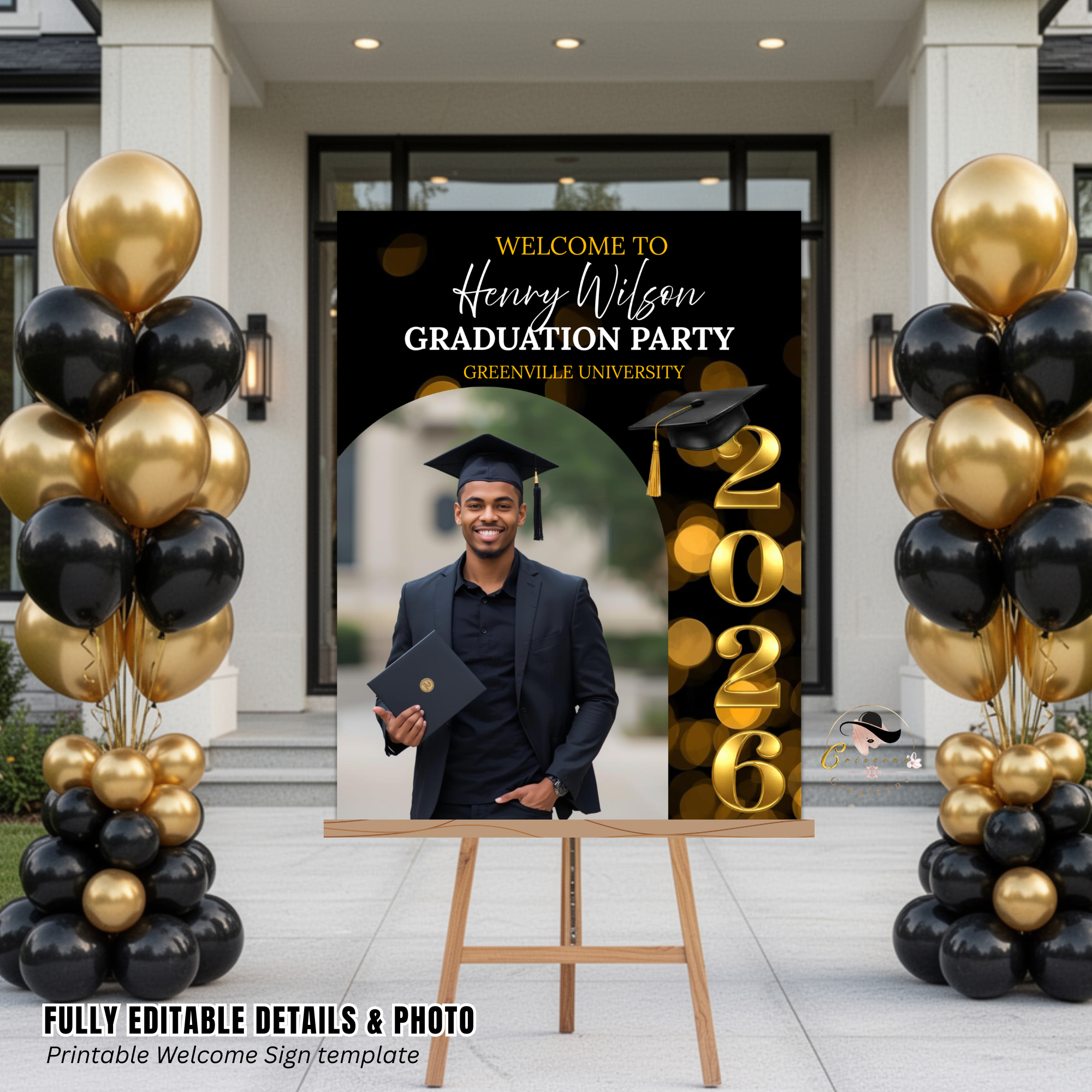 Graduation Welcome Party Sign, Senior Grad Poster Sign with photo, Class 2026 Woman Man Graduates Sign, Black Gold Printable Template