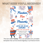 4th of July Invitation, Fourth of July BBQ invite, USA Independence day, Patriotic Invite, Red White Blue, Digital Printable template