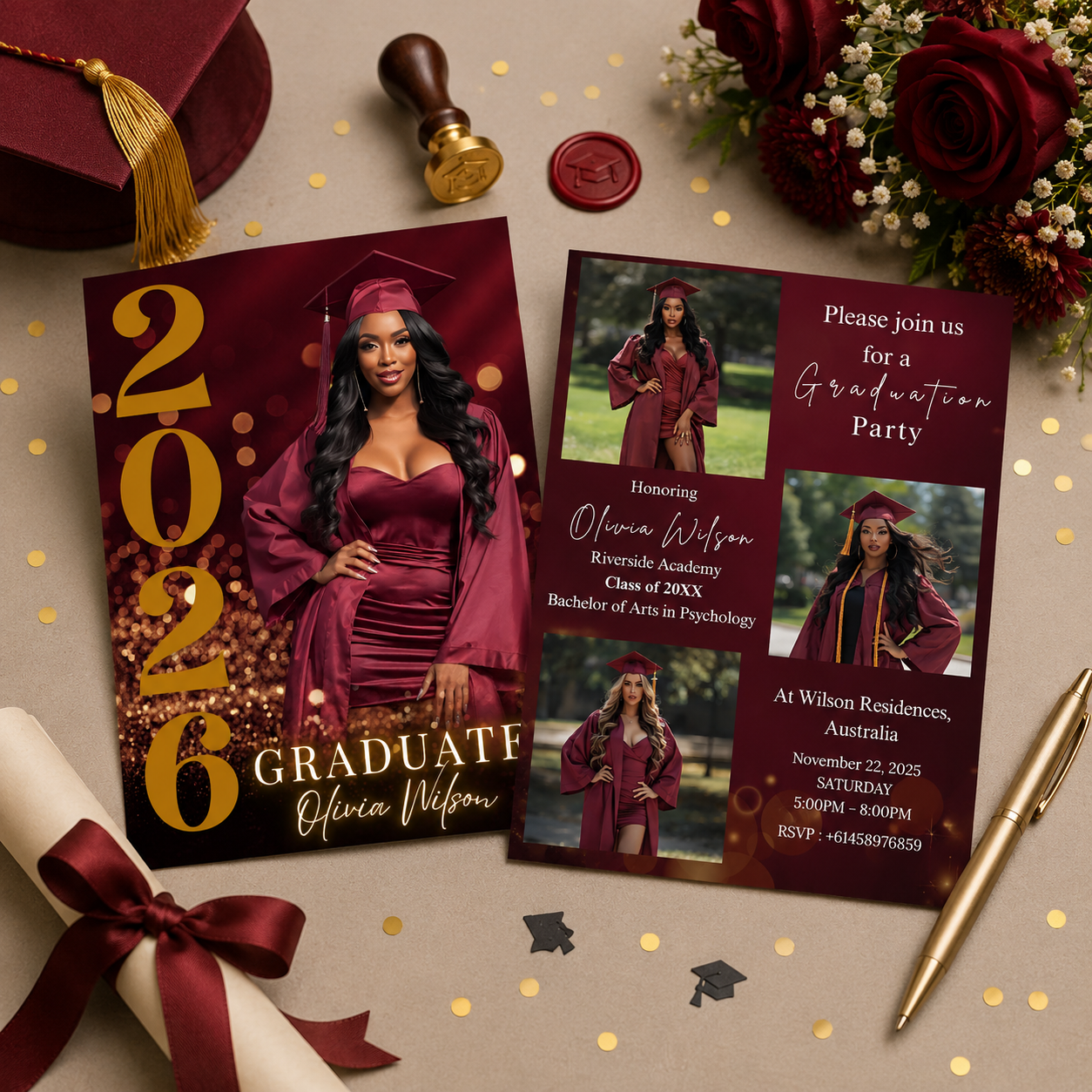 Graduation Invitation with Photo, College High School Senior Grad Party Announcement, Burgundy Gold Printable Editable Digital Template