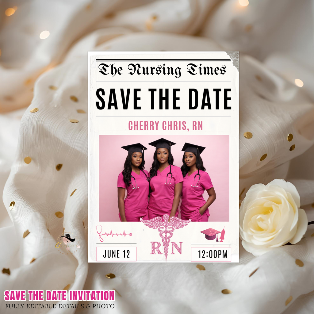 Nurse Graduation Save the Date Invitation, Pink Newspaper Grad Party with photo Invite, Pinning Ceremony RN Invite, Digital Canva Template