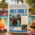 Newspaper Birthday Pool Party Invitation with Photo, Tropical Aloha Hawaiian Luau Adult Summer Party Invite, Printable Digital Template