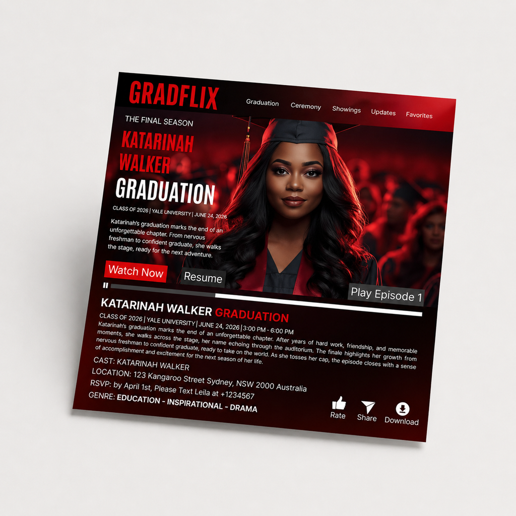 Red Movie Theme Graduation Invitation with Photo for Him and Her, Cinematic Grad Party Announcement Invite, Class of 2026 Canva Template
