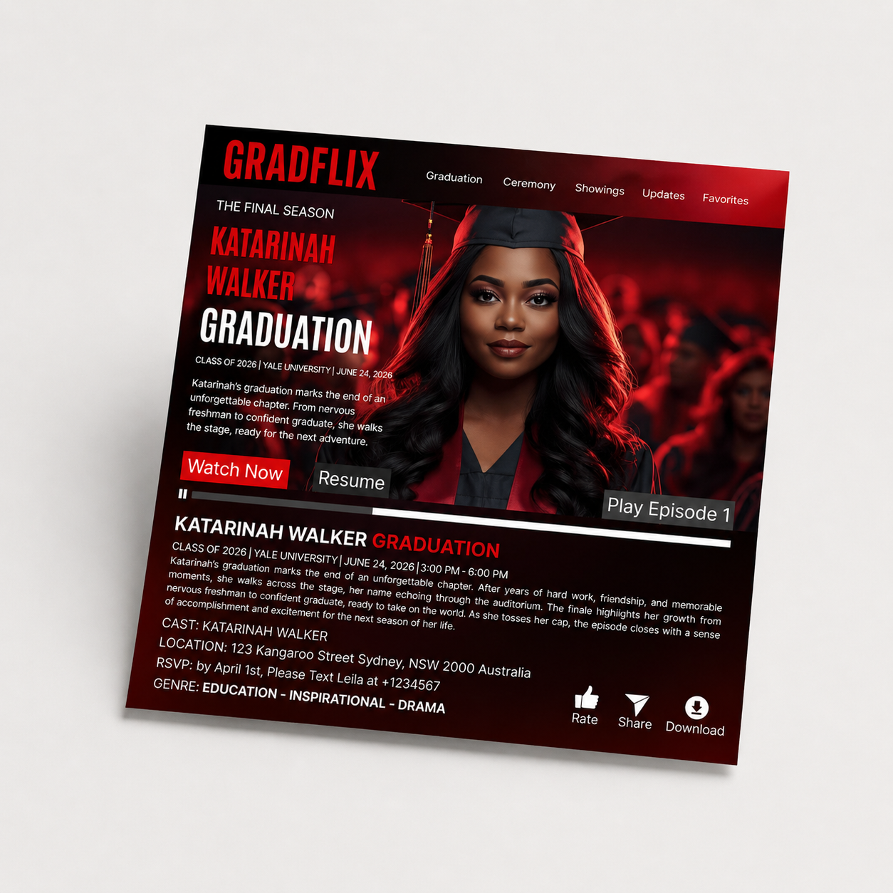 Red Movie Theme Graduation Invitation with Photo for Him and Her, Cinematic Grad Party Announcement Invite, Class of 2026 Canva Template