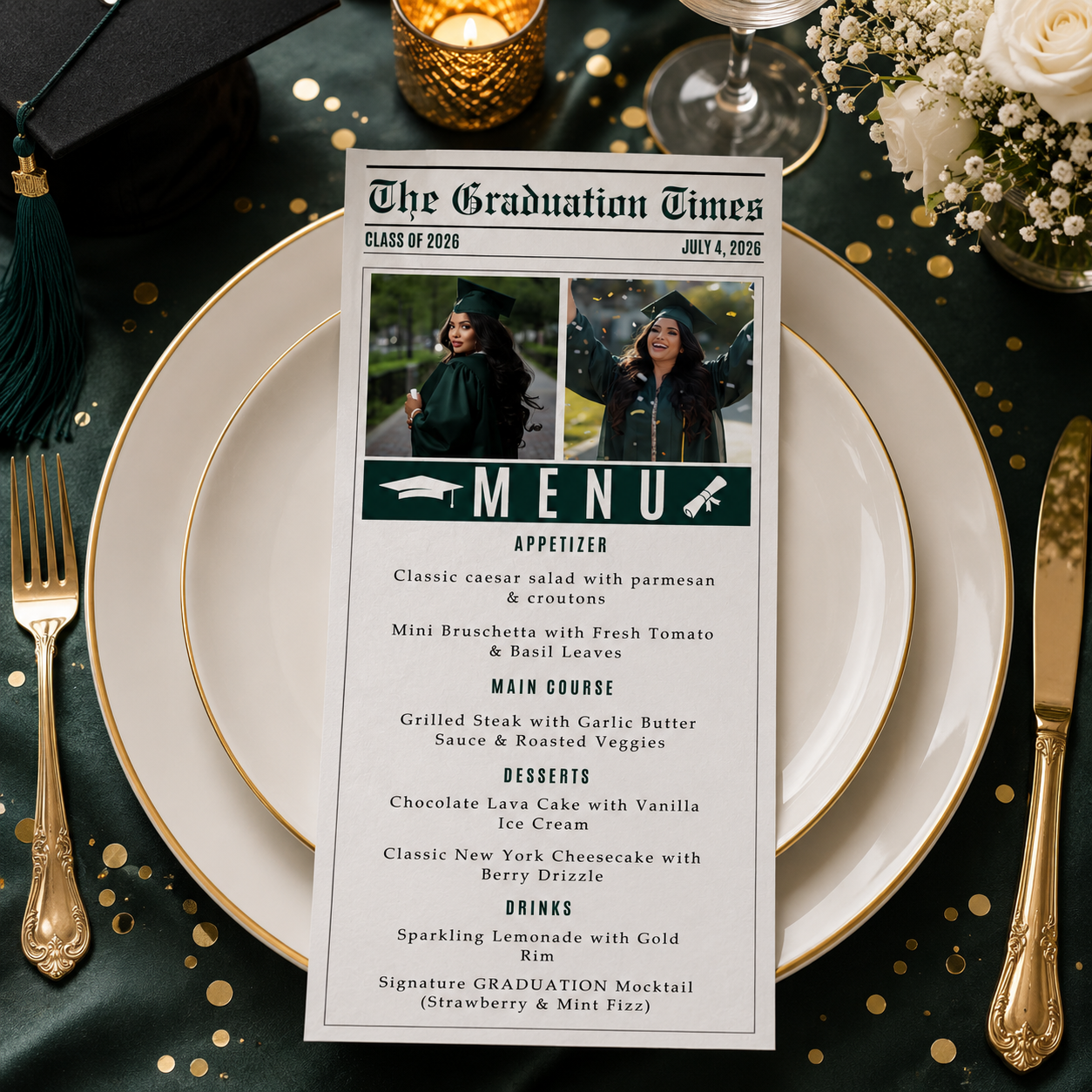 Senior Graduation Newspaper Menu with Photo, Green Class of 2026 Dinner Party Menu For Him and Her, Grad Brunch Menu Card Printable Template
