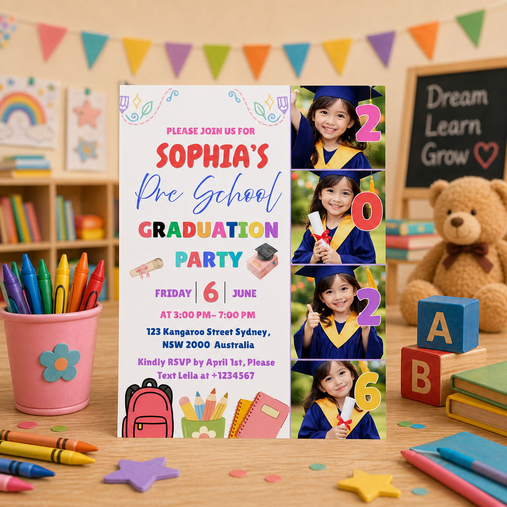 Pre K Graduation Invitation with Photo, Kindergarten Graduation Invite, Class of 2026 Preschool Grad Party Editable Canva Printable Template