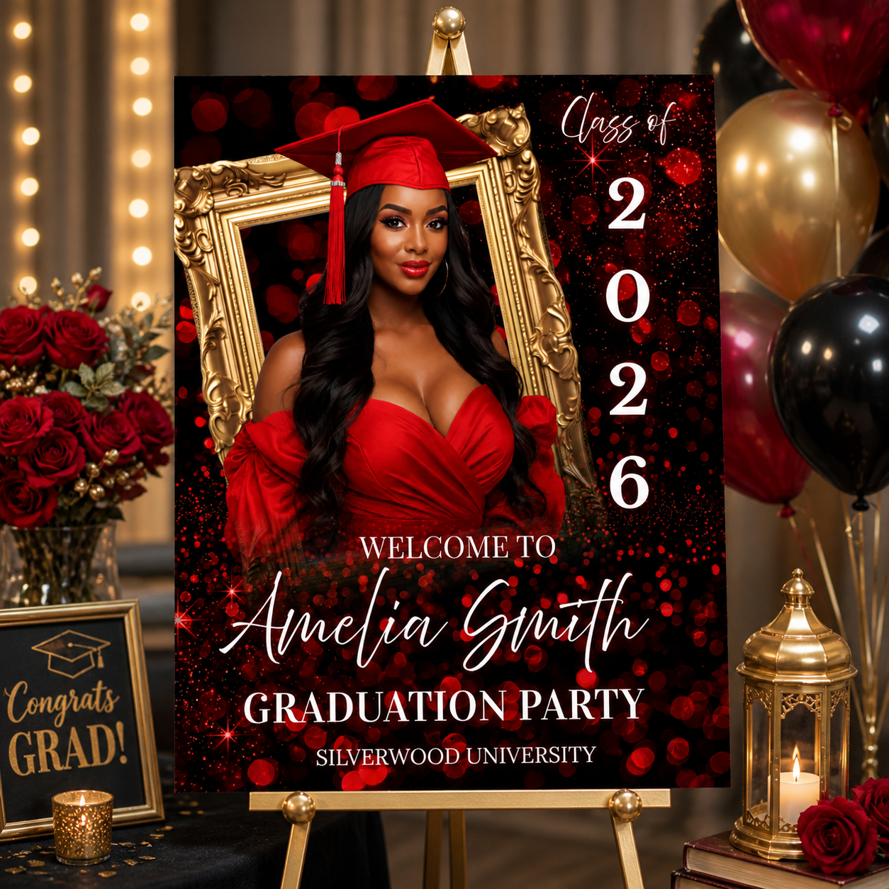 Red Graduation Welcome Sign with Photo for Him and Her, Class of 2026 High School College Party Poster Sign, Canva Printable Template