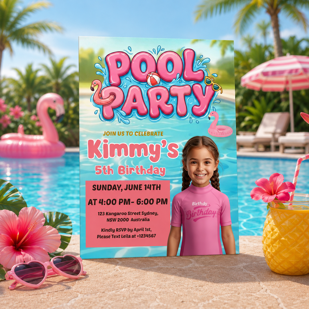 Kids Pool Party Birthday Invitation with Photo, Tropical Summer Splash Party Invite, Girl Splish Splash Invite, Editable Canva Template