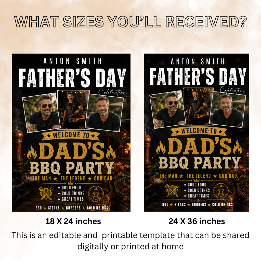 Father’s Day BBQ Party Welcome Sign with photo, Dad Barbecue Cookout Poster Sign, Backyard Grill Summer Pool Party, Printable Canva Template
