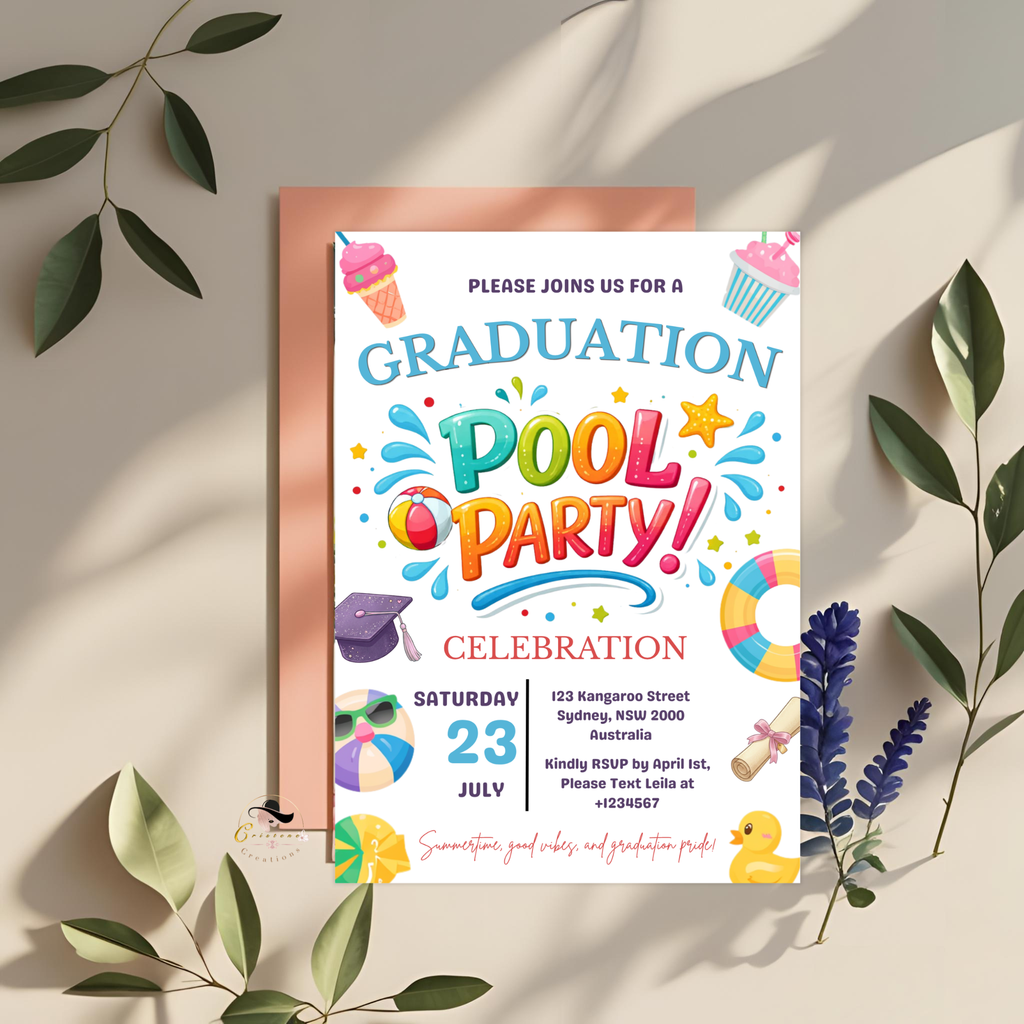 Pool Party Graduation Invitation for Kids, Hello Pool Goodbye School Summer Beach Invite, Boy Girl Printable Digital Canva Template