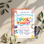 Pool Party Graduation Invitation for Kids, Hello Pool Goodbye School Summer Beach Invite, Boy Girl Printable Digital Canva Template