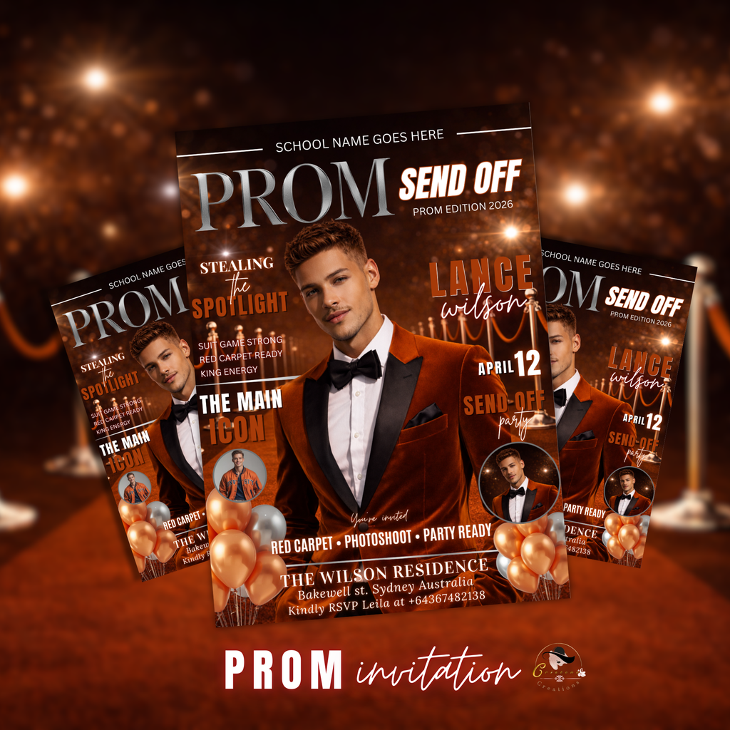Boy Prom Send Off Party Invitation, Prom King with photo invite, Orange Prom Night Flyer Card, High School Prom Digital Printable Template