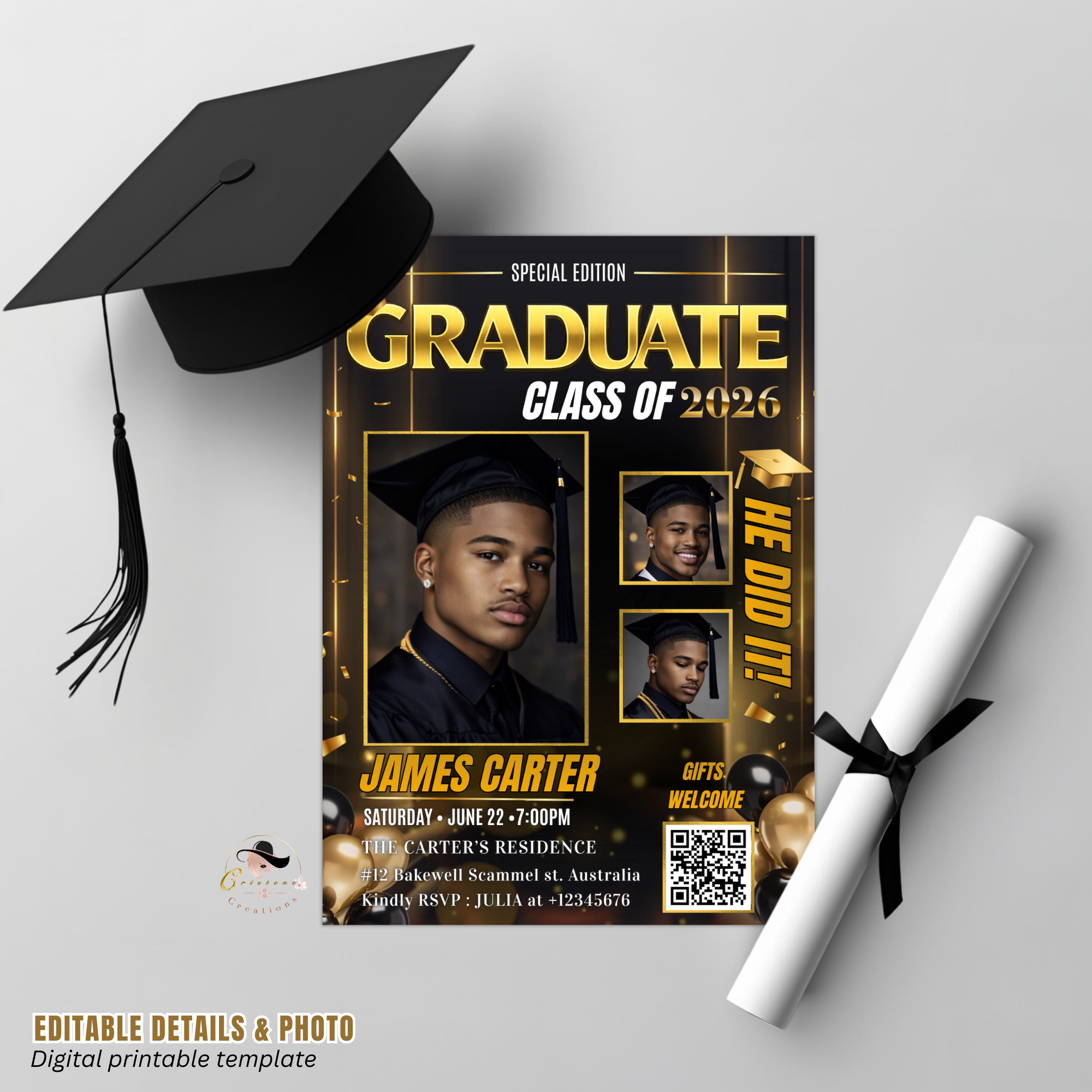Boy Graduation Announcement 2026 Invitation, Black gold Senior Grad Party with photo invite, Male College High school Graduates Template