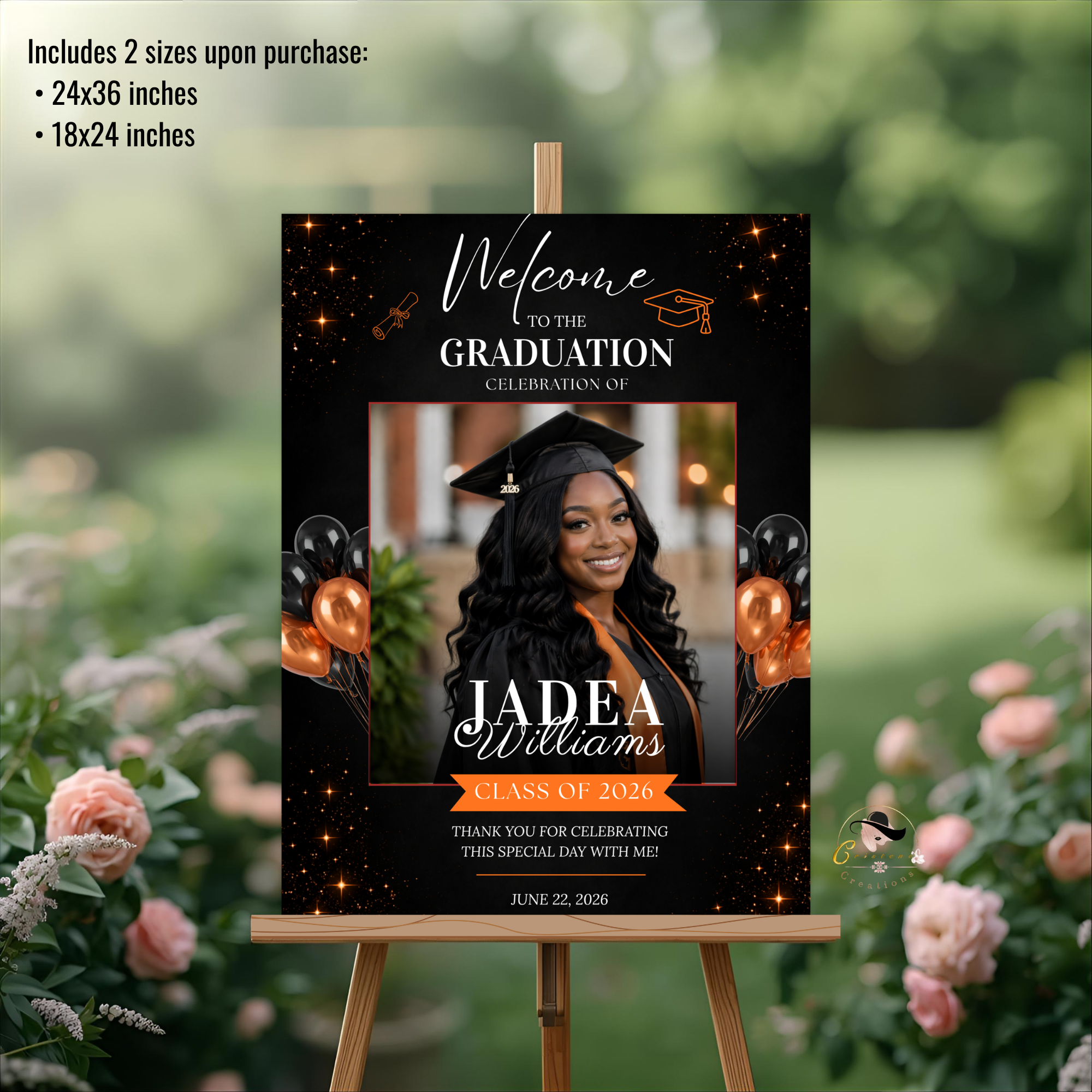 Orange Graduation Party Welcome Sign with Photo, High School College Grad Dinner Brunch Poster Sign, Editable Canva Printable Template