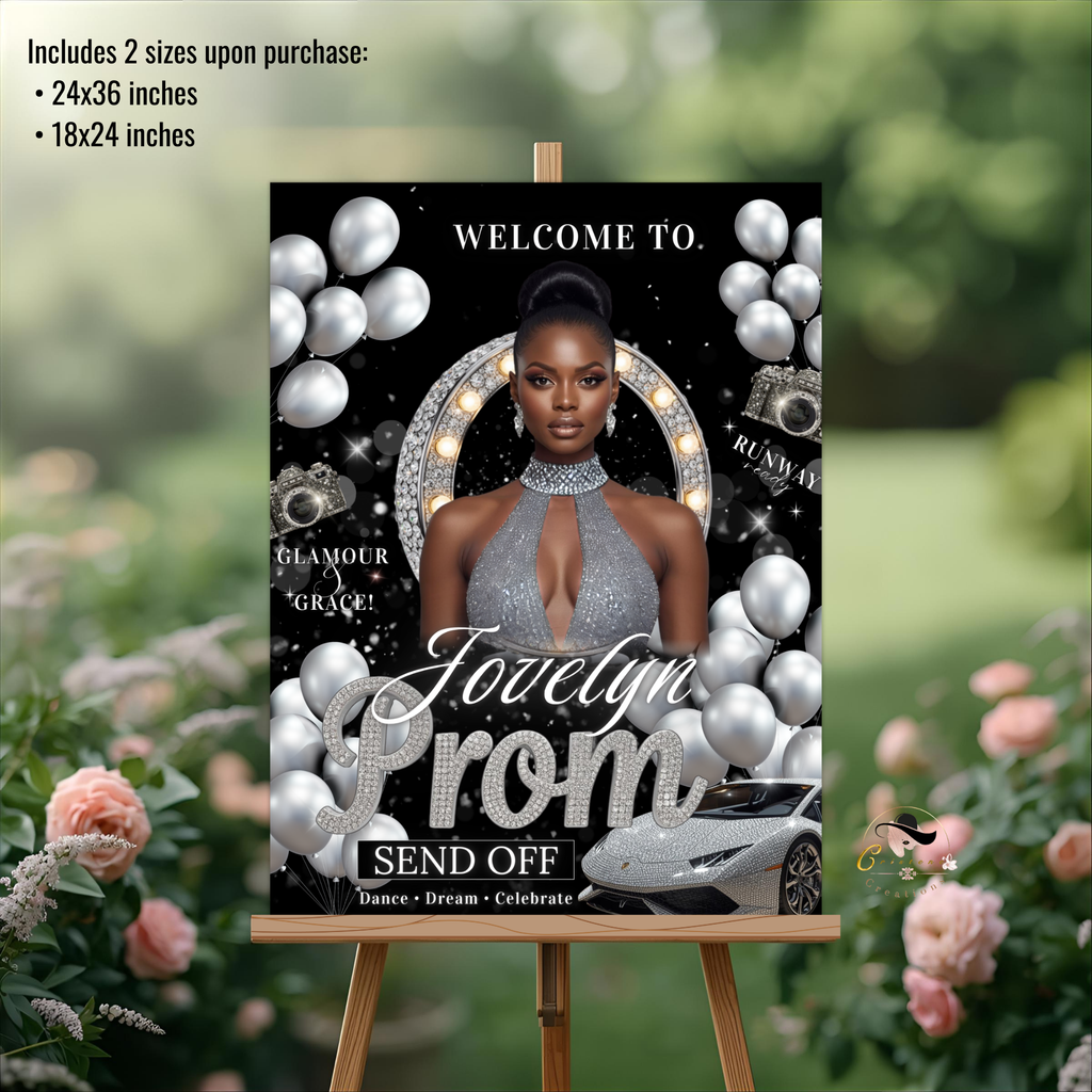 Black Silver Prom Send Off Welcome Party Sign, Prom Queen Poster Sign with photo, Entrance Board Sign, Teen Girl and Boy Printable Template