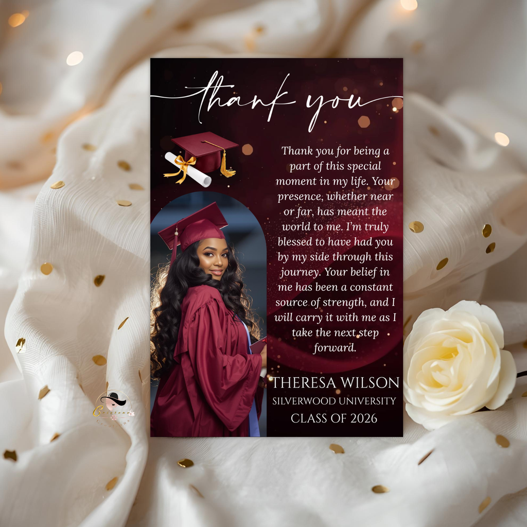 Graduation Thank You Card Template with Photo, Class of 2026 Grad Thank You Note for Him and her, Maroon Editable Canva Digital Printable