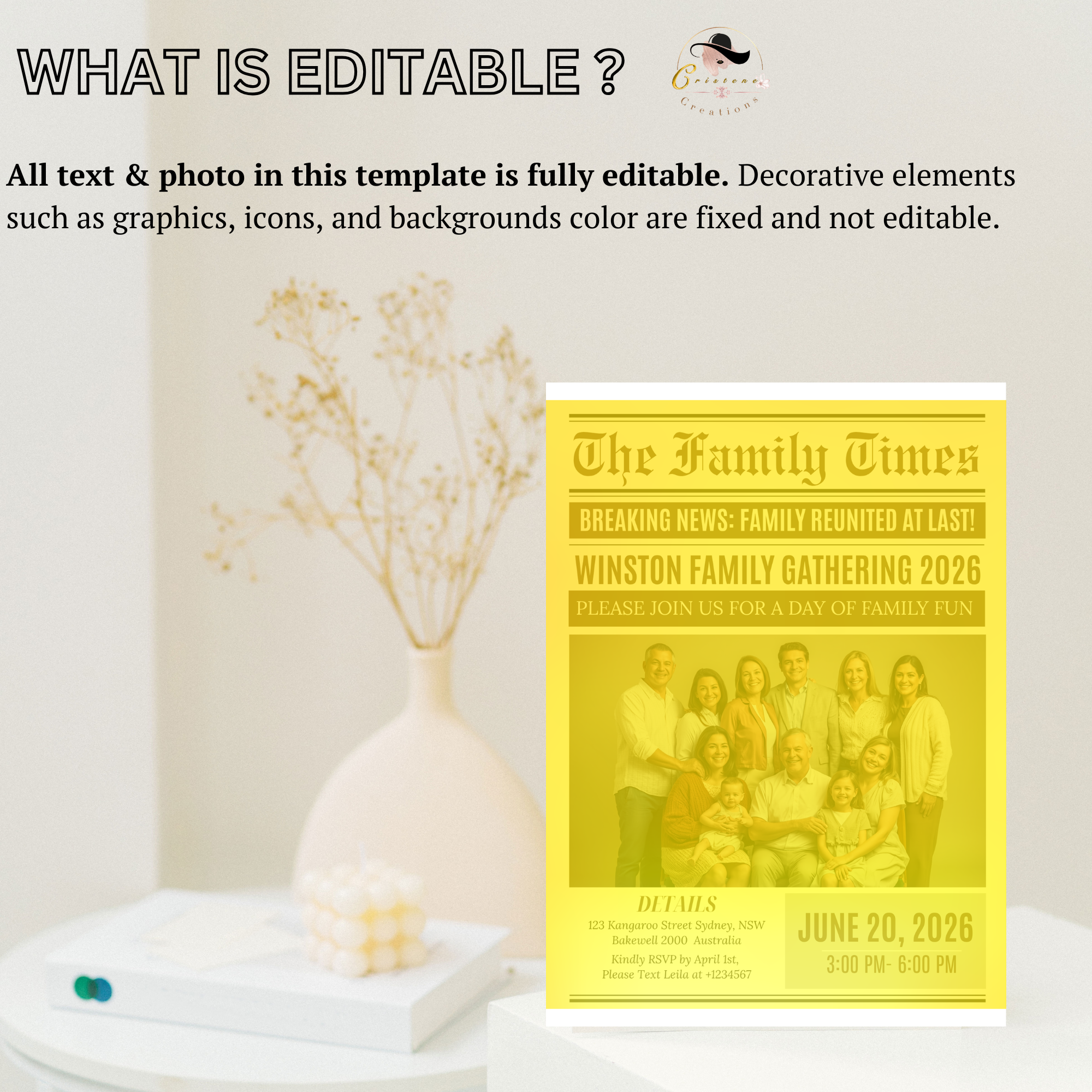 Newspaper Family Reunion Invitation with Photo, Family Gathering Party Invite, Brunch Dinner Printable Editable Digital Canva Template