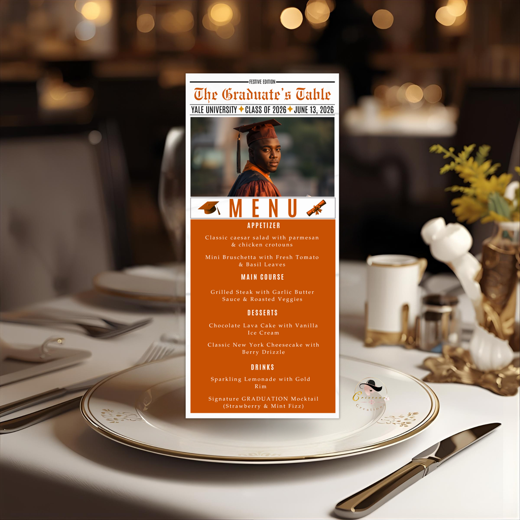 Orange Graduation Newspaper Menu with Photo Template, Senior Grad Dinner Party Menu For Him and Her, Class of 2026 Printable Editable Card