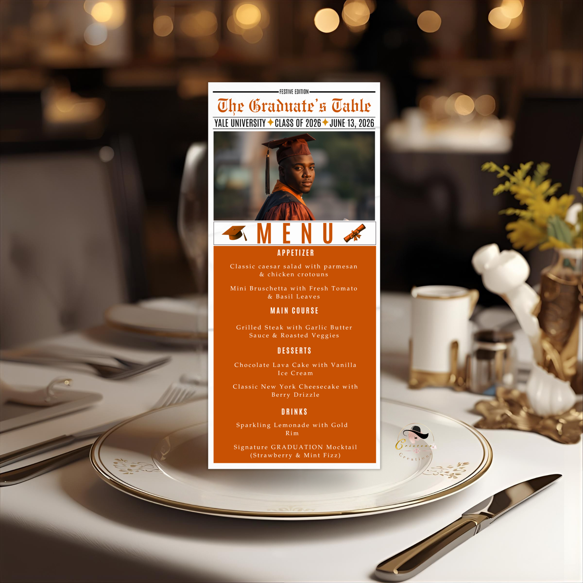 Orange Graduation Newspaper Menu with Photo Template, Senior Grad Dinner Party Menu For Him and Her, Class of 2026 Printable Editable Card