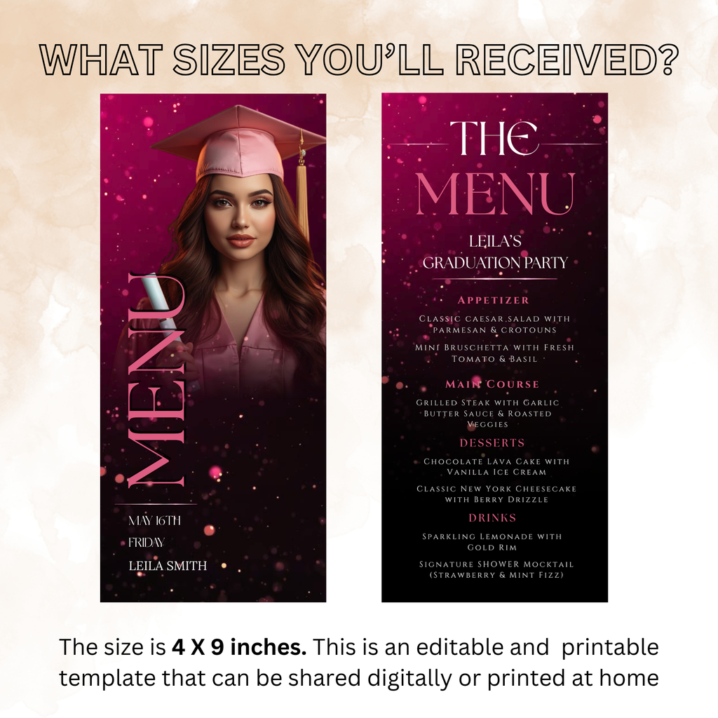 Pink Graduation Dinner Menu Template with Photo, Senior Grad Brunch Menu Card, Class of 2026 Party Menu for Her, Canva Printable