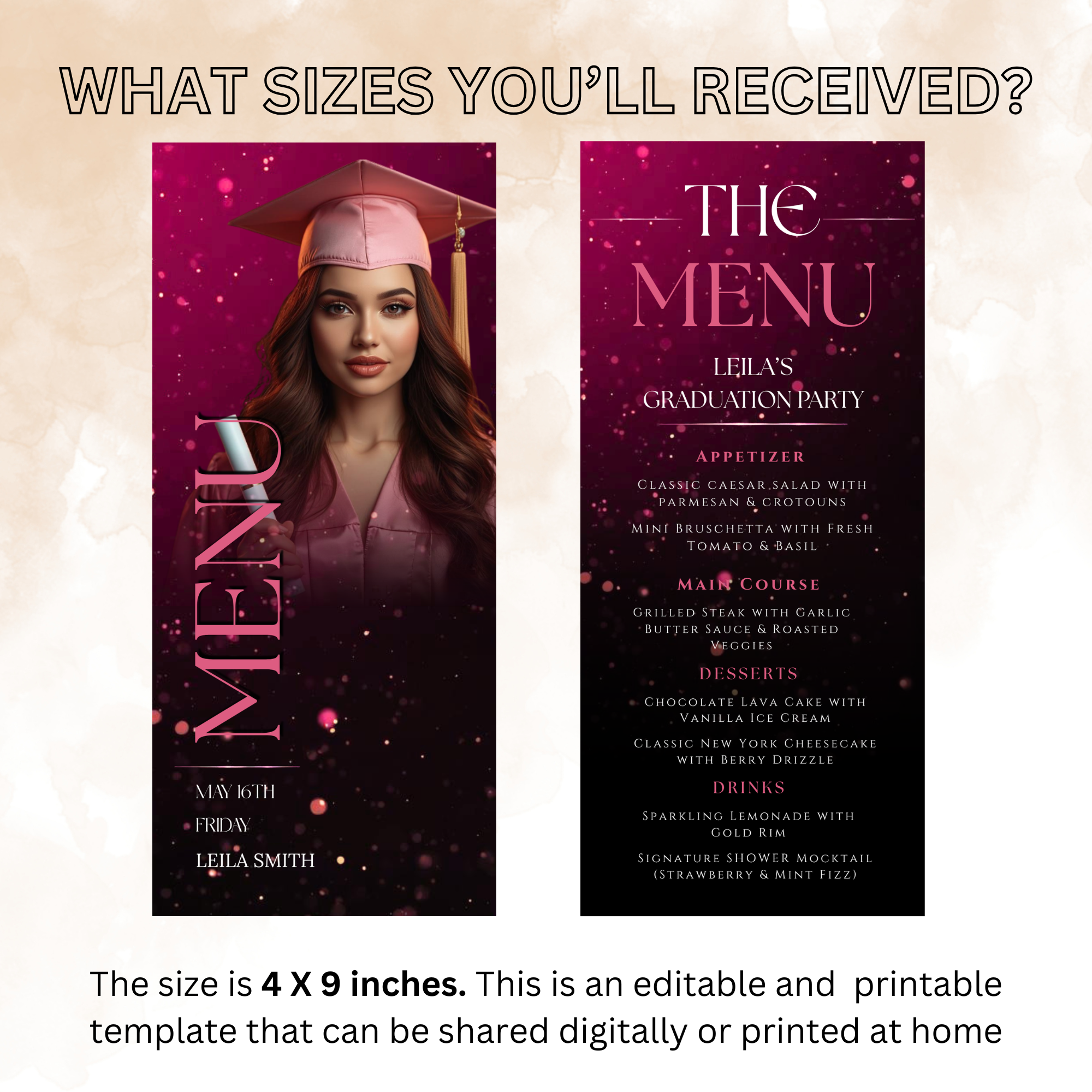 Pink Graduation Dinner Menu Template with Photo, Senior Grad Brunch Menu Card, Class of 2026 Party Menu for Her, Canva Printable