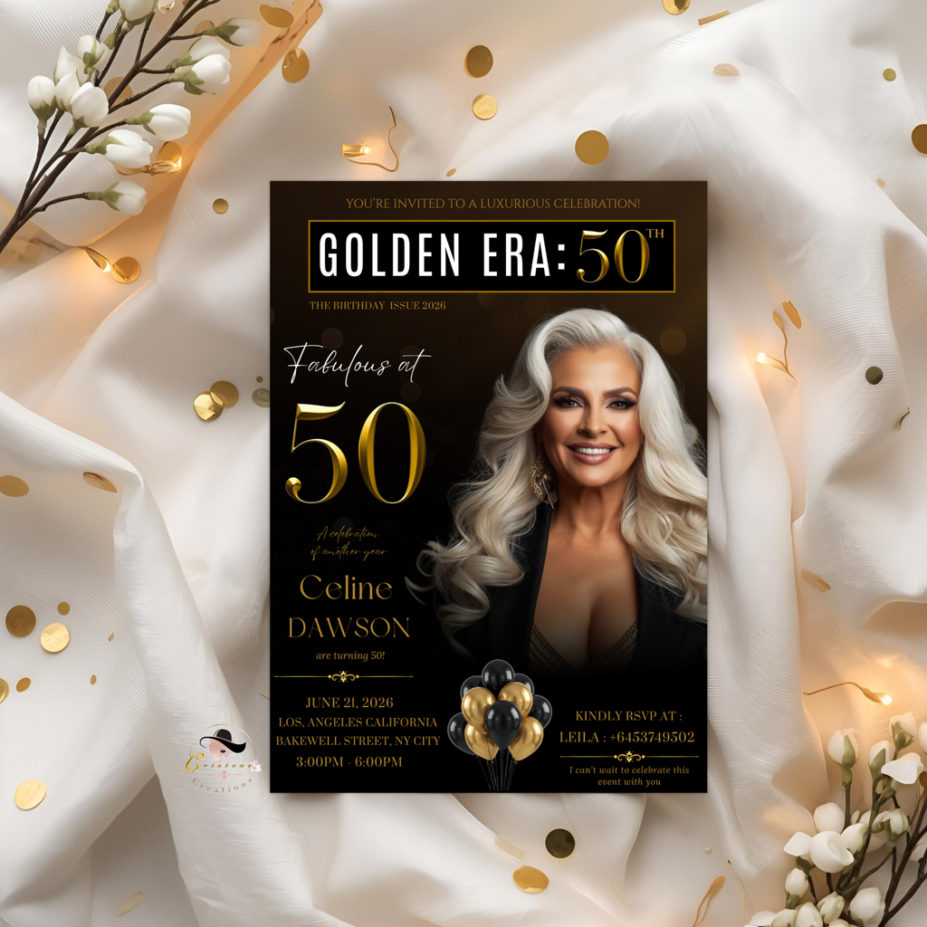 Black Gold 50th Birthday Invitation, 50 and Fabulous Party Invite, Dinner or Brunch Invitation with photo, Man Woman Magazine Cover Template