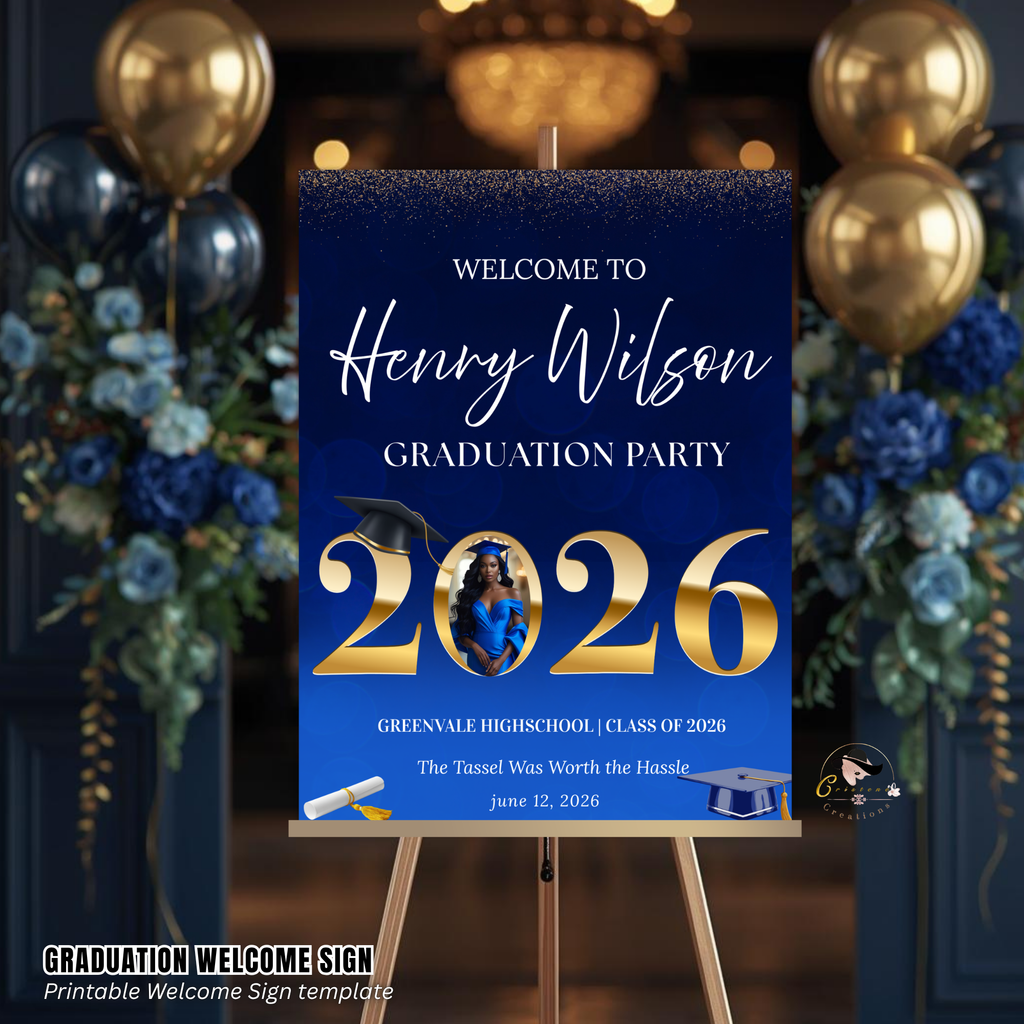 Blue Graduation Welcome Party Sign, Senior Grad Poster Sign with photo, Class 2026 Woman Boy High School Graduates Sign, Printable Template