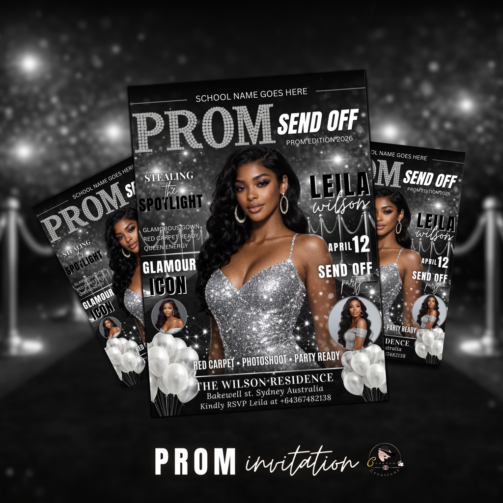 Black Silver Prom Send Off Party Invitation, Prom Queen with photo invite, Girls Prom Night Flyer, Magazine Cover Digital Printable Template