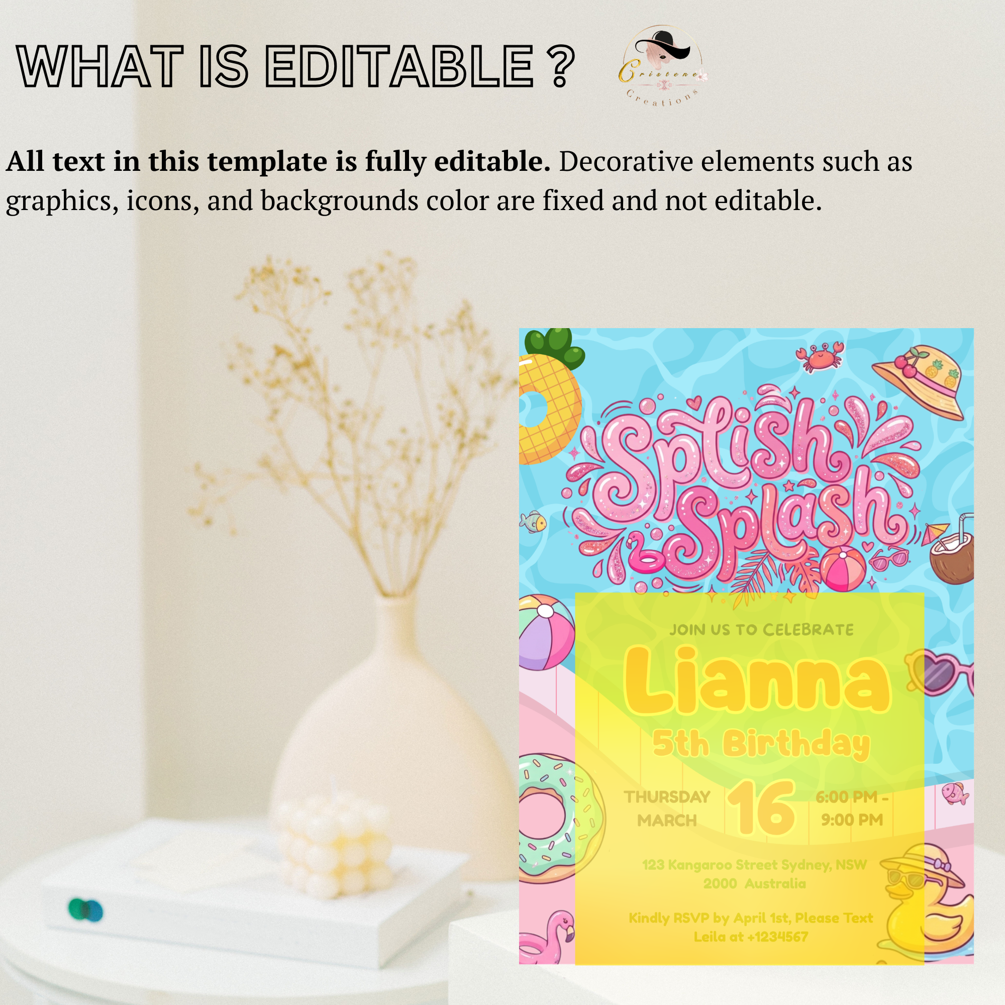 Pool Birthday Party Invitation for Girl, Splish Splash Invite, Summer Beach Kids Invite, Tropical Aloha Luau Invite, Printable Template