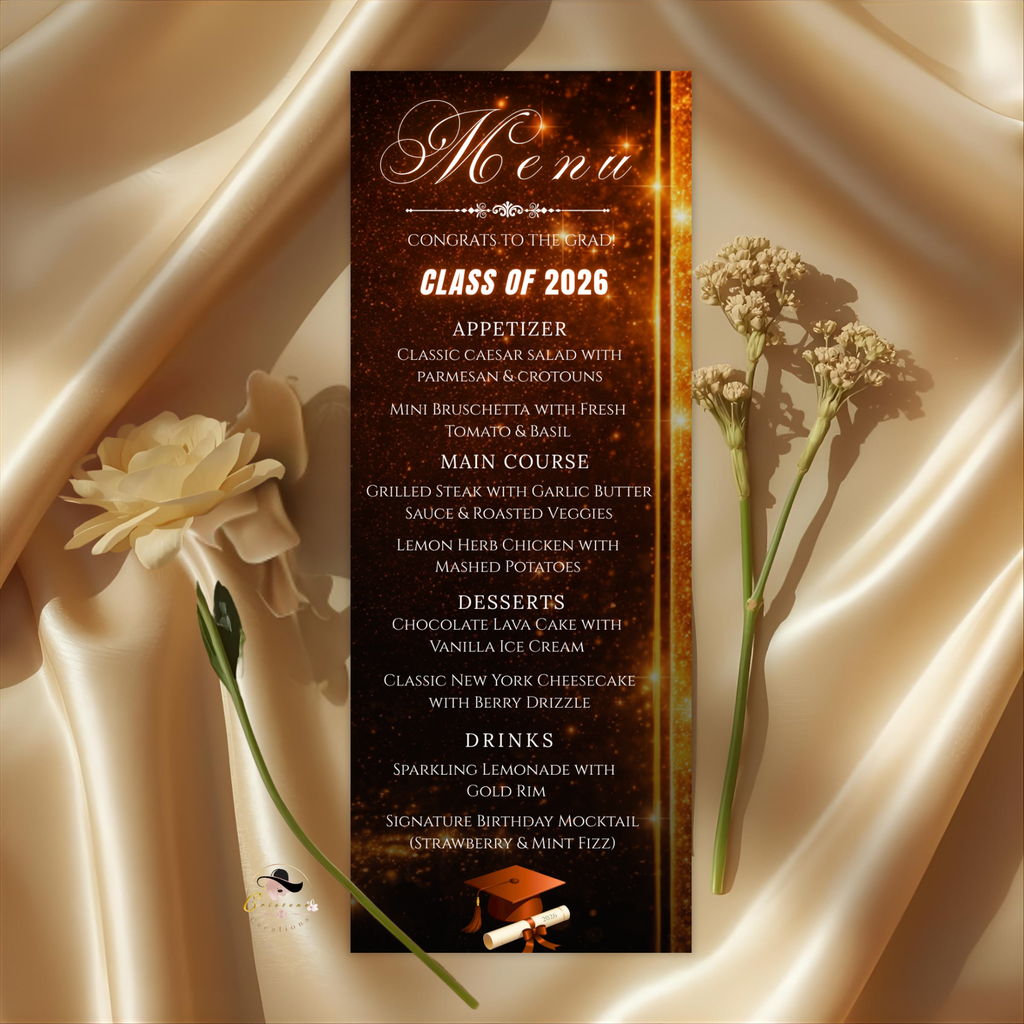 Orange Graduation Menu Card, Class of 2026 Menu with photo, Elegant Grad Dinner Menu Template, Boy Girl Menu, Editable Canva Printable